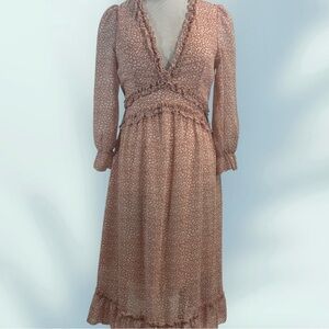 NEW Pretty C+D+M Pink Sheer Overlay Boho Prairie Ruffle Long Sleeve Sundress MED